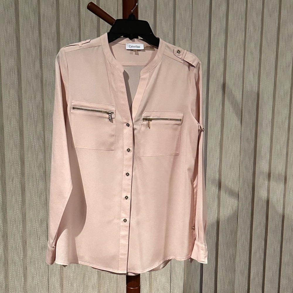 Calvin Klein Blush Pink Long Sleeve Zip Pocket Blouse